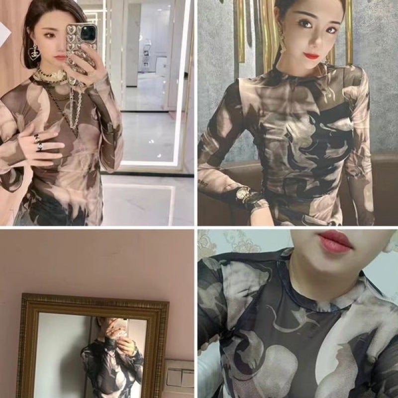 2024 Style Mesh Sunscreen Long-Sleeved Thin Slim-Fit Small Shirt Micro-Transparent Design Sense Tie-Dye T-Shirt For Women - Image 4