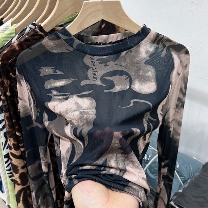 2024 Style Mesh Sunscreen Long-Sleeved Thin Slim-Fit Small Shirt Micro-Transparent Design Sense Tie-Dye T-Shirt For Women - Image 3