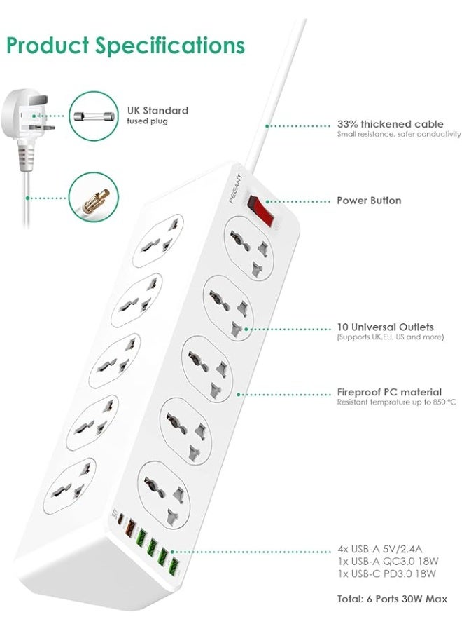 PEGANT 10 Way Power Extension Cord Surge Protector Strip Heavy Duty Universal Electrical Socket 5x USB-A 1x USB-C PD 30W Total 2M Cable (2M)  - Image 2