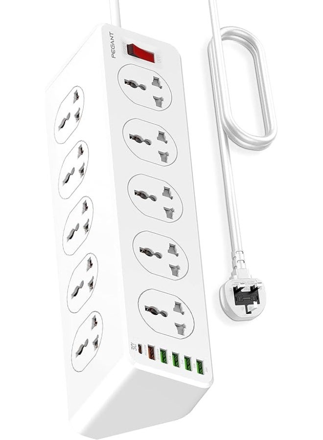 PEGANT 10 Way Power Extension Cord Surge Protector Strip Heavy Duty Universal Electrical Socket 5x USB-A 1x USB-C PD 30W Total 2M Cable (2M)  - Image 1