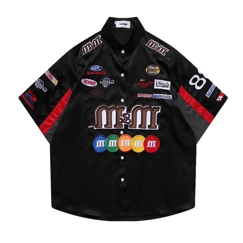Generic Fried Street Ins Summer Motorcycle Retro Thin American Style Trendy Brand hiphop Shirt Mens Short Sleeve Racing Suit Loose Shirt 62 black printed style