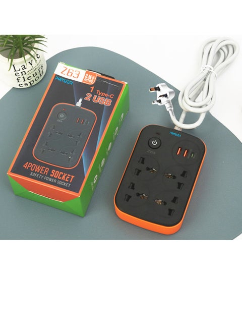 Electrical Extension Cord, Universal Extension Lead with Multiple Functions, UK Plug 3 Pin Socket Outlet with 4 Universal Sockets 2 USB, 1 Type-C Charging Ports Automatic AC Power for Home Appliances