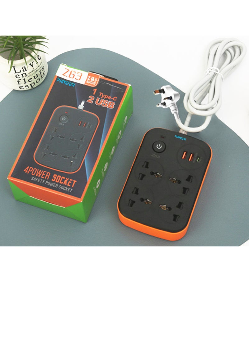 Electrical Extension Cord, Universal Extension Lead with Multiple Functions, UK Plug 3 Pin Socket Outlet with 4 Universal Sockets 2 USB, 1 Type-C Charging Ports Automatic AC Power for Home Appliances