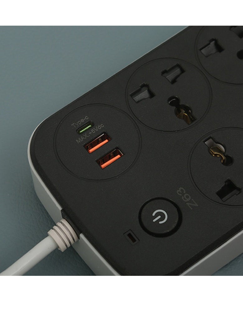 Electrical Extension Cord, Universal Extension Lead with Multiple Functions, UK Plug 3 Pin Socket Outlet with 4 Universal Sockets 2 USB, 1 Type-C Charging Ports Automatic AC Power for Home Appliances