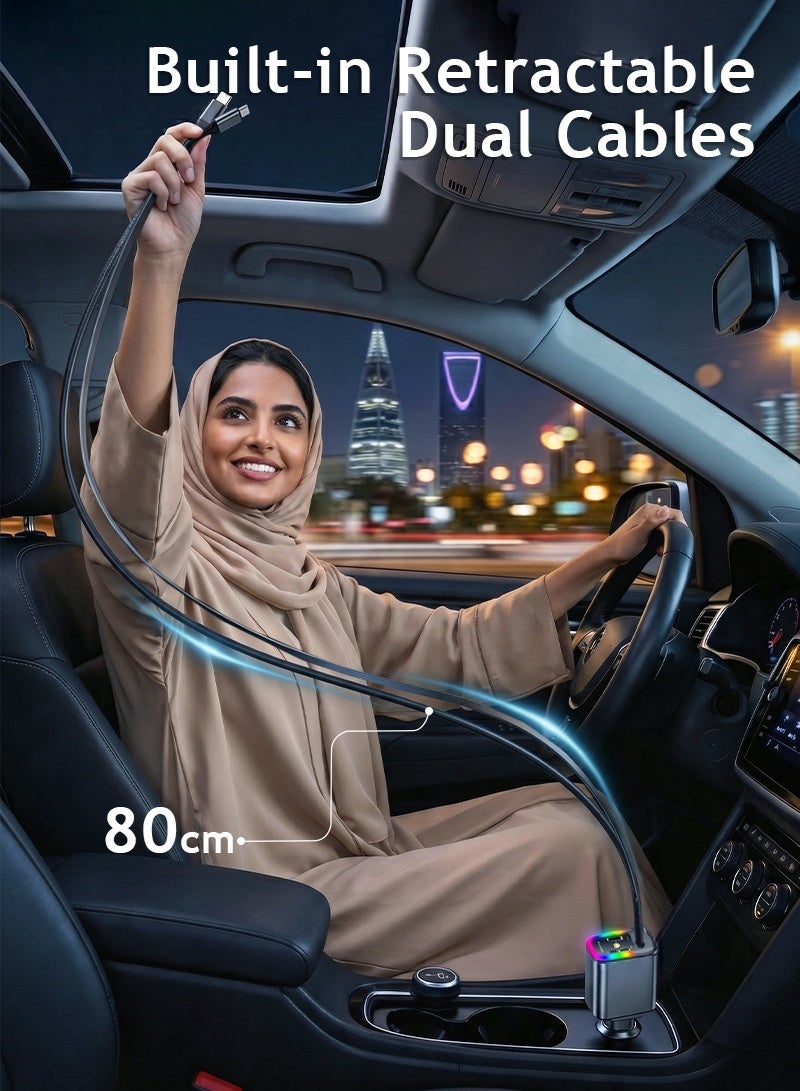 ستاري سكي شاحن سيارة سريع 180 واط, شاحن سيارة 5 في 1 قابل للسحب مع إضاءة نجمية RGB, كابلين قابلين للسحب + 3 منافذ USB قابل للانحناء 180 درجة محول شاحن هواتف للسيارة لآيفون 16 15 14 ولابتوب وأندرويد - Image 2