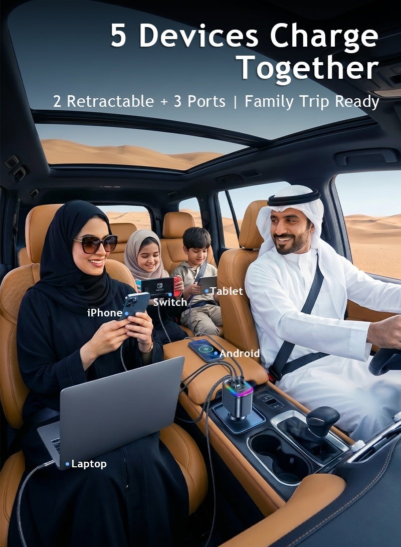ستاري سكي شاحن سيارة سريع 180 واط, شاحن سيارة 5 في 1 قابل للسحب مع إضاءة نجمية RGB, كابلين قابلين للسحب + 3 منافذ USB قابل للانحناء 180 درجة محول شاحن هواتف للسيارة لآيفون 16 15 14 ولابتوب وأندرويد - Image 5