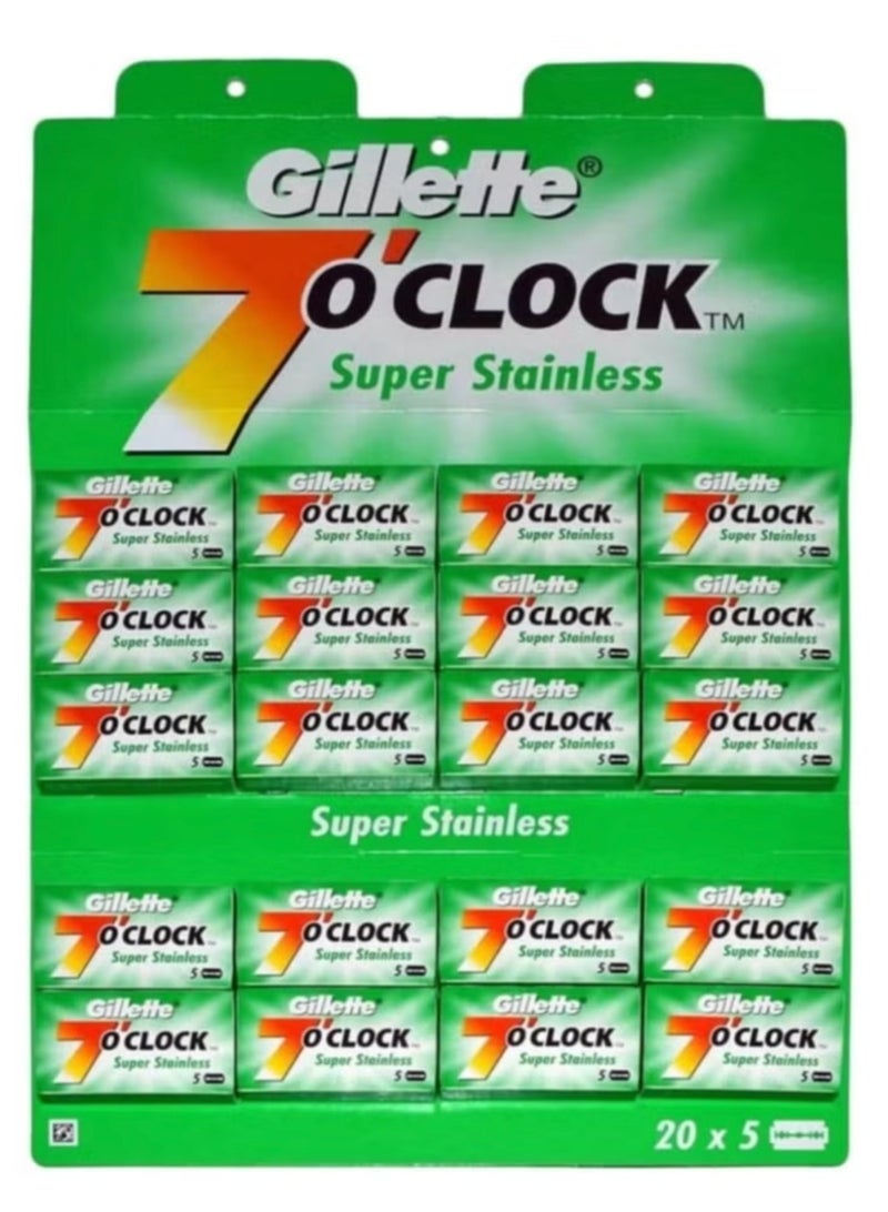 Gillette 7 O'clock Super Stainless Double Edge Razor Blades (Pack of 5 blades x 20) - Image 1