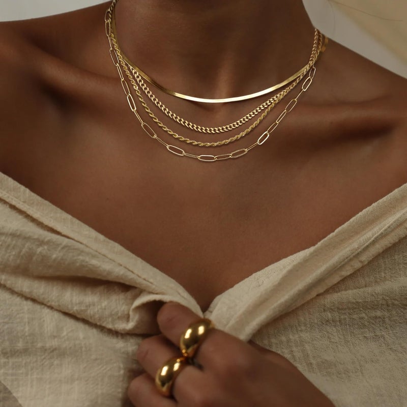 MFRYK Gold Necklaces Stack For Women,14K Gold Plated Simple Layered Choker Necklaces For Women,Stackable Multilayer Gold Rope Cuban Herringbone Snake Paperclip Chain Layering Necklace Set Jewelry Gift - Image 3