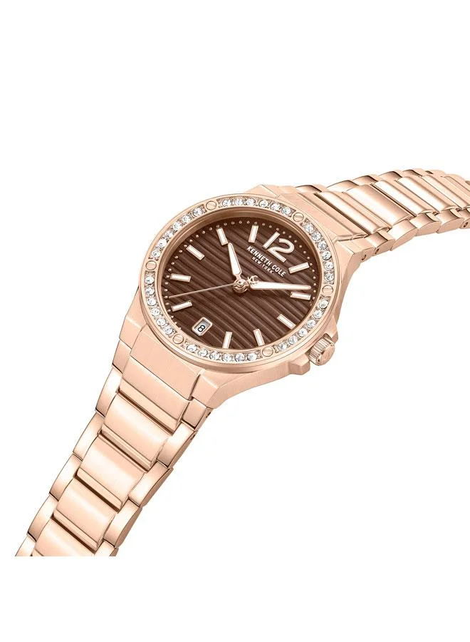 كينيث كول نيو يورك ساعة نسائية جلينفيل بقرص شوكولاتة وسوار من الستانلس ستيل باللون الذهبي الوردي بعقارب تناظرية -  ملم
