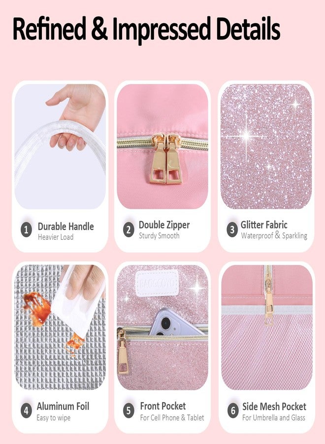 BAOGCOYO Lunch Bag For Women, Leakproof Glitter Lunch Box, Cute Lunch Tote Bag Adult, Large Capacity Insulated Reusable Cooler Lunch Containers for Work Travel Picnic or Office (Pink Bling Sparkle) - Image 5