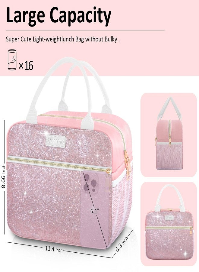 BAOGCOYO Lunch Bag For Women, Leakproof Glitter Lunch Box, Cute Lunch Tote Bag Adult, Large Capacity Insulated Reusable Cooler Lunch Containers for Work Travel Picnic or Office (Pink Bling Sparkle) - Image 2