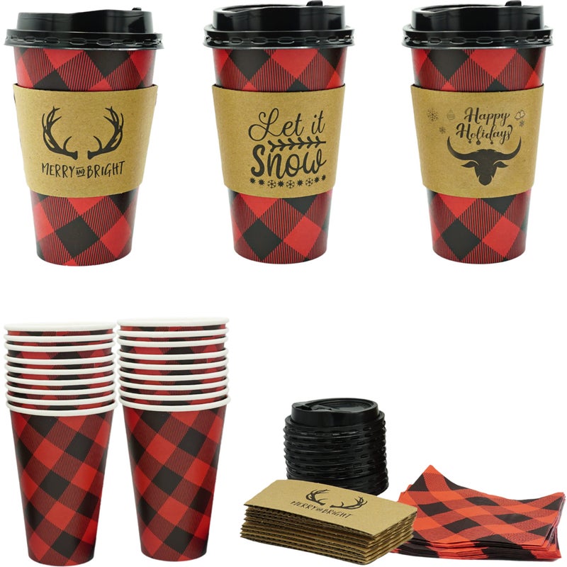4E's Novelty 4Es Novelty 16oz Buffalo Plaid Christmas Cups with Lids Cup Sleeves Napkins12 Packs Insulated Disposable Paper Coffee Cups for Hot Cocoa Lumberjuack Party Supplies Hot Chocolate Bar