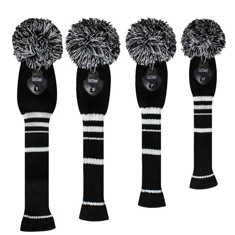 Scott Edward Black Classic Stripes Golf Club Head Covers, Acrylic Yarn Double Layers Knitted, with Rotatable Number Tags, Set of 4(Black Stripe) - Image 2