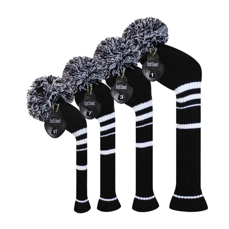 Scott Edward Black Classic Stripes Golf Club Head Covers, Acrylic Yarn Double Layers Knitted, with Rotatable Number Tags, Set of 4(Black Stripe) - Image 1