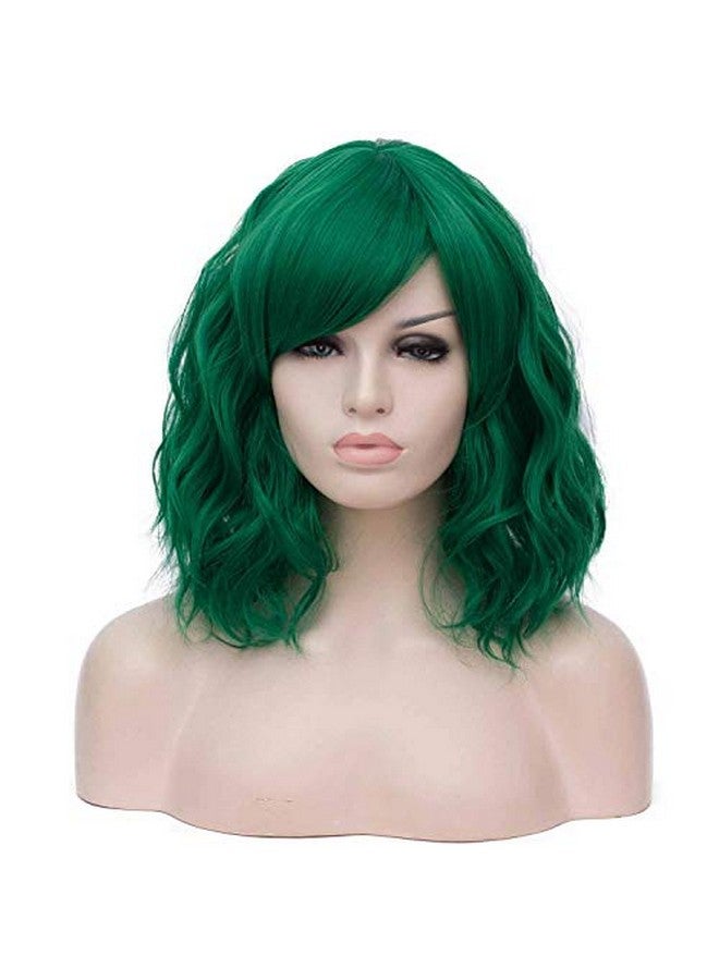 Mildiso Dark Green Wigs For Women Short Curly Wavy Bob Wig With Bangs Green Hair Wig With Wig Caps Cute Colorful Synthetic Wig For Daily Party M073 - Image 1