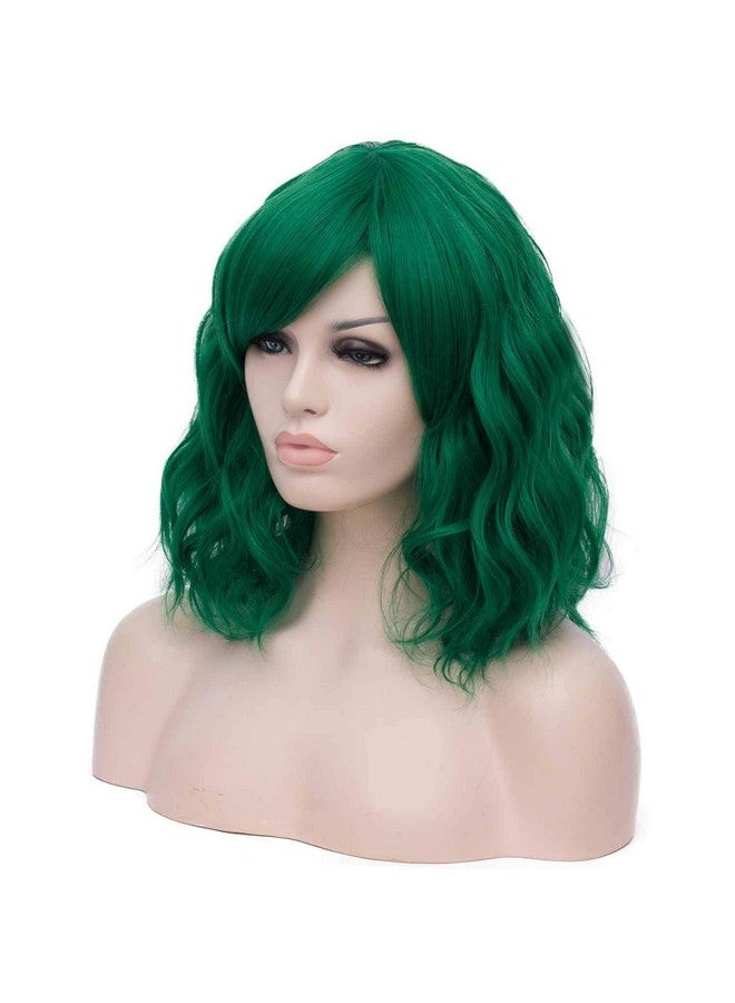 Mildiso Dark Green Wigs For Women Short Curly Wavy Bob Wig With Bangs Green Hair Wig With Wig Caps Cute Colorful Synthetic Wig For Daily Party M073 - Image 4