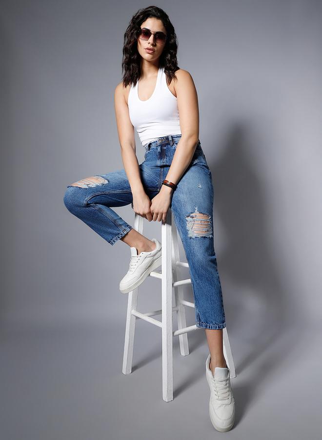 HIGH STAR Women's Blue 100% Cotton Solid Pattern Full Length Mom Fit Jeans - Image 1