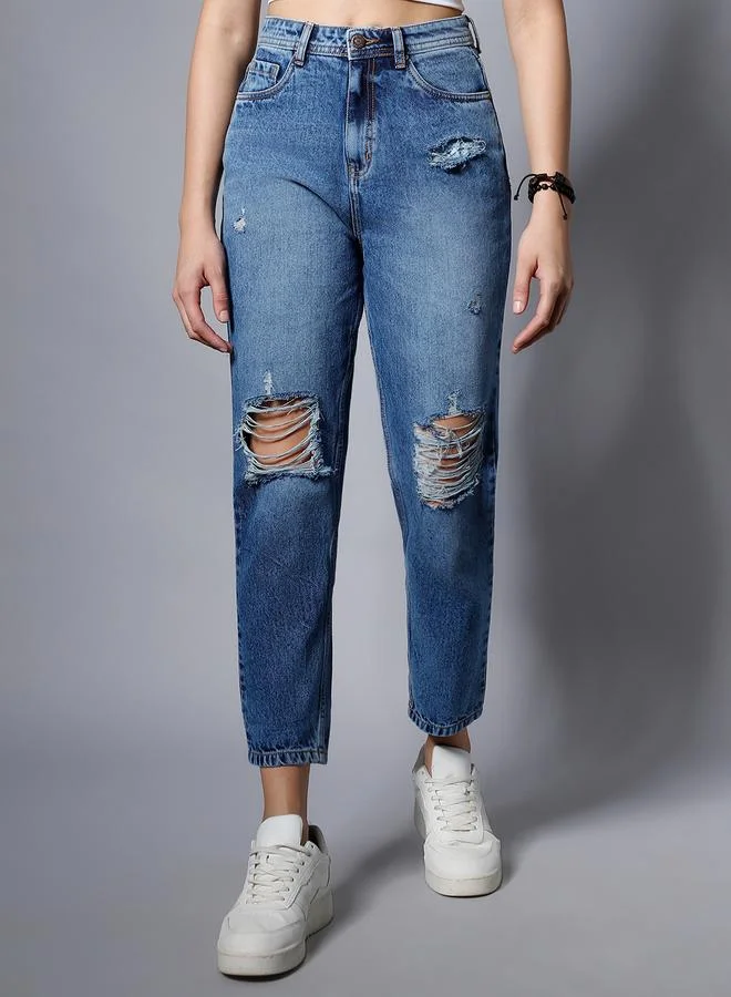 HIGH STAR Women's Blue 100% Cotton Solid Pattern Full Length Mom Fit Jeans