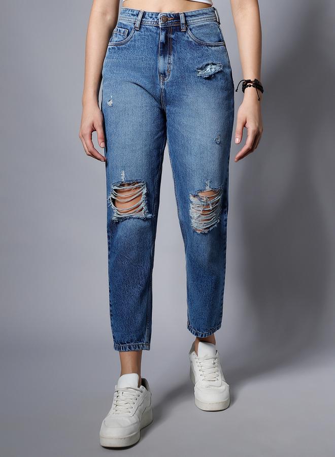 HIGH STAR Women's Blue 100% Cotton Solid Pattern Full Length Mom Fit Jeans - Image 2