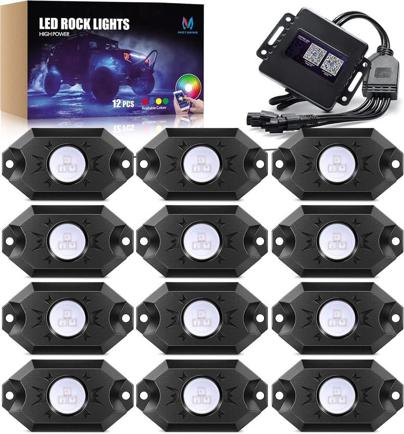 MICTUNING 2025 Upgraded CM RGB Rock Lights Kits - 12 Pods Multicolor Neon Light Waterproof Underglow Lighting Kit with APP Control & Flashing & Music Mode - Image 1