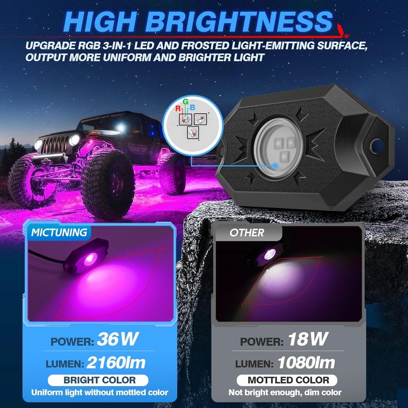 MICTUNING 2025 Upgraded CM RGB Rock Lights Kits - 12 Pods Multicolor Neon Light Waterproof Underglow Lighting Kit with APP Control & Flashing & Music Mode - Image 4