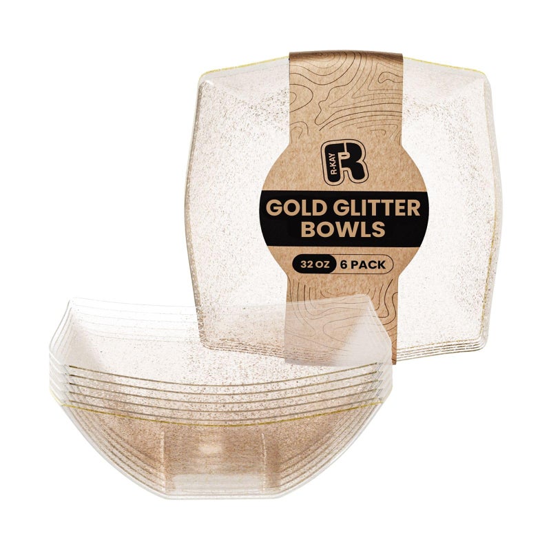 R-kay 6 Pack Gold Glitter Plastic Serving Bowls - 32 Oz Gold Plastic bowls - Salad Bowls Large Serving, Premium Duty For Weddings Catering And Birthday parties - Image 1