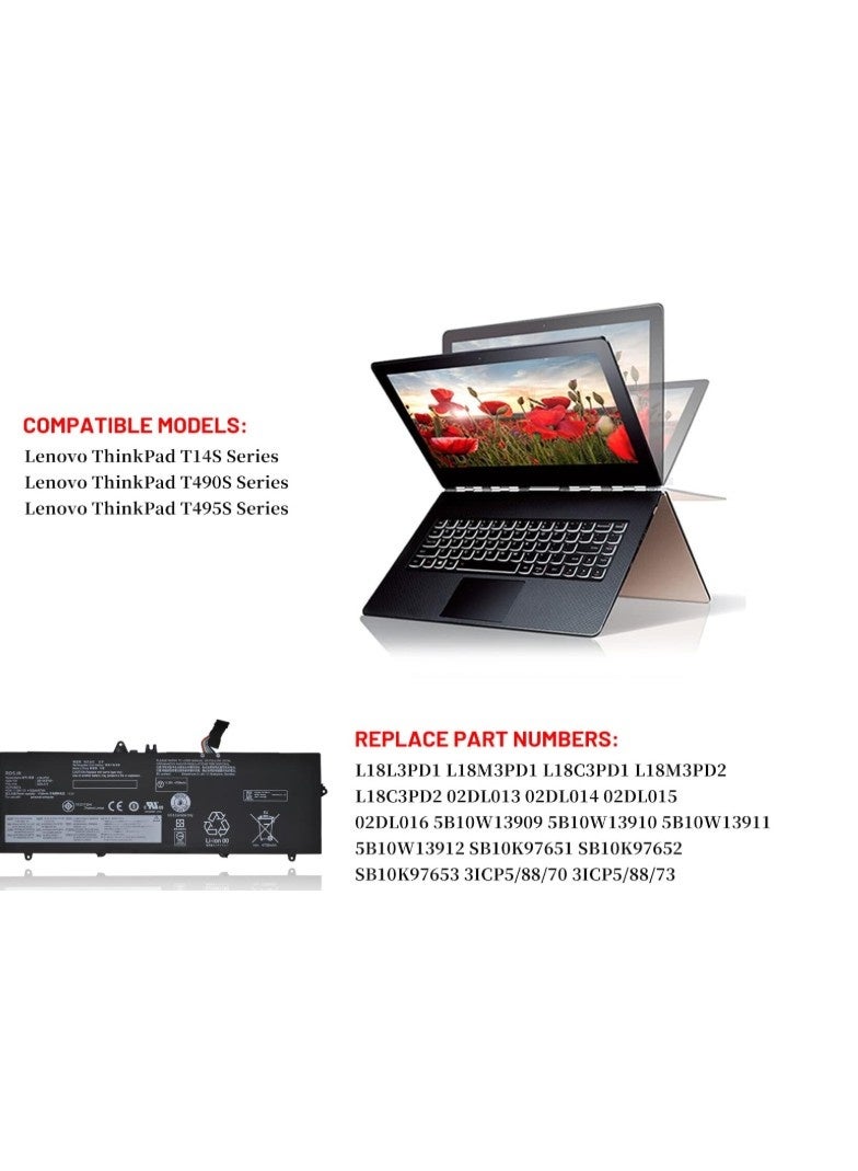 Terabyte بطارية لابتوب L18L3PD1 L18M3PD1 L18C3PD1 L18M3PD2 L18C3PD2 لجهاز Lenovo ThinkPad T490s T495s T14s 02DL013 02DL014 02DL015 02DL016 5B10W13909 5B10W13910 5B10W13911 5B10W13955 SB10K97653 11.58V 57Wh - Image 3