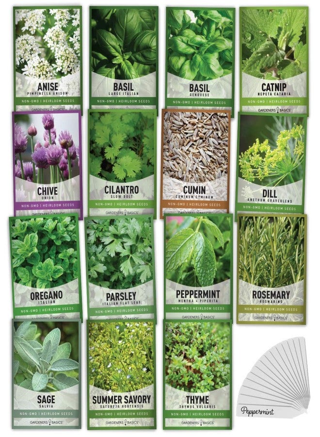 Gardeners Basics أساسيات البستنة، 15 نوعًا من بذور الأعشاب لزراعة أصناف متنوعة، أصناف تراثية غير معدلة وراثيًا، أكثر من 5200 بذرة للزراعة الداخلية، والزراعة المائية، والزراعة الخارجية - الريحان، والنعناع البري، والثوم المعمر، والكزبرة، والأوريجانو، والبقدونس، والنعناع الفلفلي، وإكليل الجبل، وغيرها - Image 1