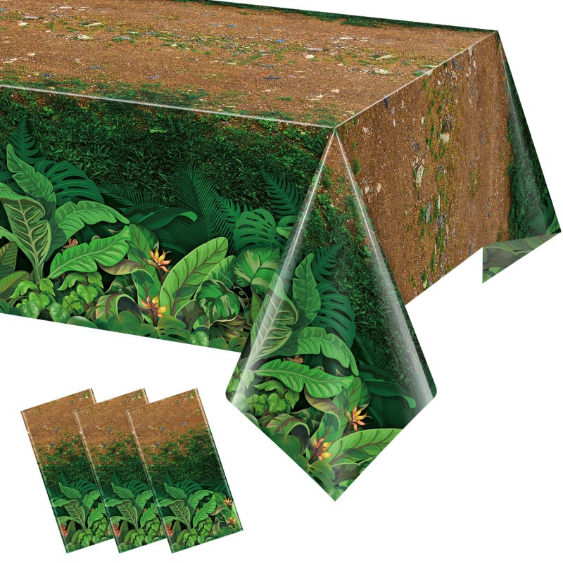 Jectivs 3Pcs Forest Path Plastic Tablecloths,Disposable Green Woodland Rectangle Table Cover for Dinosaur Picnic Camping Dining Bay Shower Birthday Safari Jungle Themed Party Decorations,54x108 Inch - Image 1