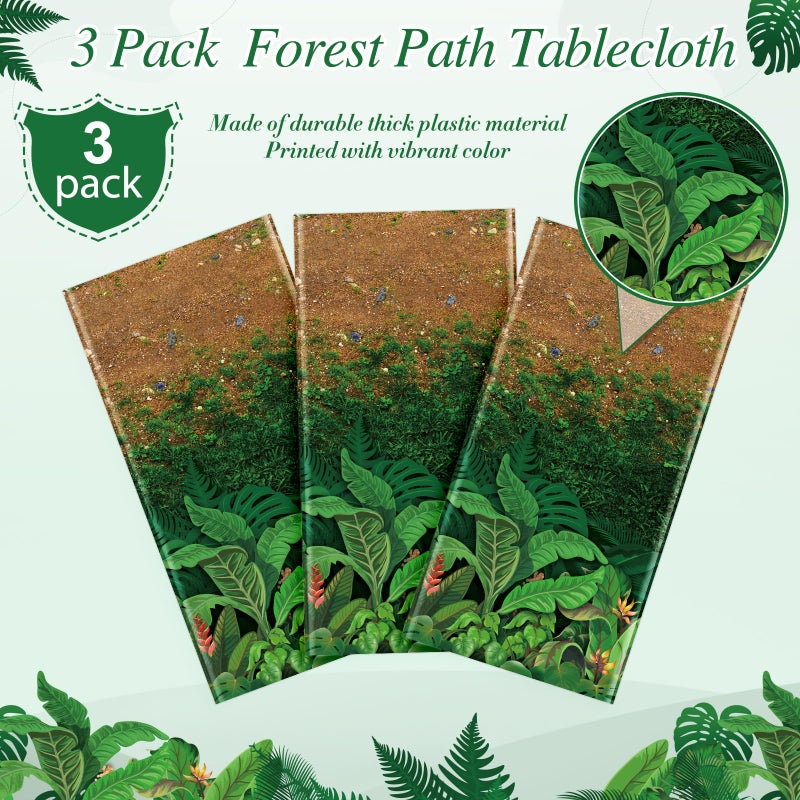 Jectivs 3Pcs Forest Path Plastic Tablecloths,Disposable Green Woodland Rectangle Table Cover for Dinosaur Picnic Camping Dining Bay Shower Birthday Safari Jungle Themed Party Decorations,54x108 Inch - Image 4