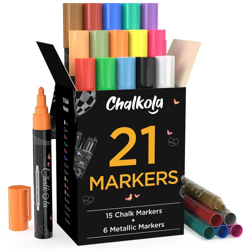 Chalkola Liquid Chalk Markers & Metallic Colors (Pack of 21) - Erasable Chalk Pens for Chalkboard, Blackboard, Window, Bistro, Car Glass, Board - Neon Paint Ink Chalkboard Markers 6mm Reversible Tip - Image 1