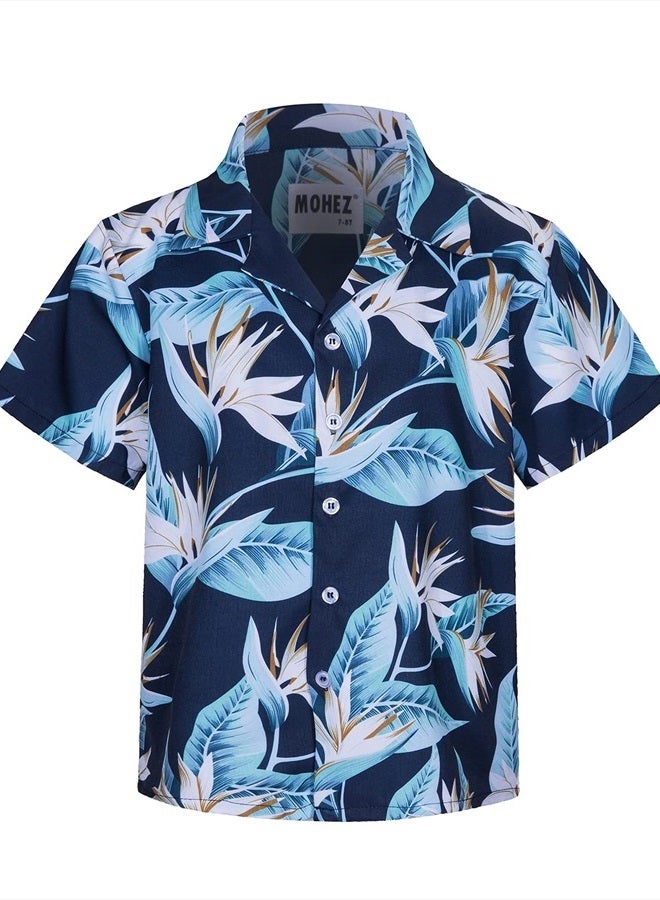 MOHEZ Little & Big Boys Hawaiian Shirts Short Sleeve Floral Summer Beach Tropical Casual Aloha Luau Shirts Top for Kids Navy 11-12 Years Old - Image 2