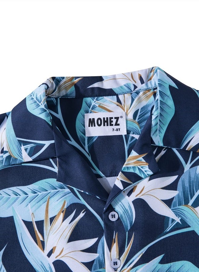 MOHEZ Little & Big Boys Hawaiian Shirts Short Sleeve Floral Summer Beach Tropical Casual Aloha Luau Shirts Top for Kids Navy 11-12 Years Old - Image 4