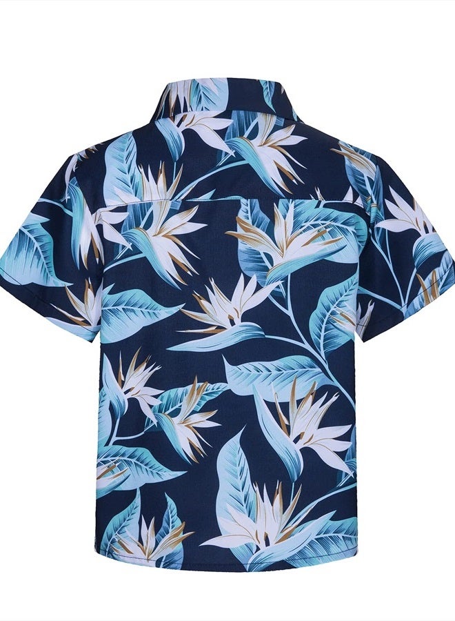 MOHEZ Little & Big Boys Hawaiian Shirts Short Sleeve Floral Summer Beach Tropical Casual Aloha Luau Shirts Top for Kids Navy 11-12 Years Old - Image 3