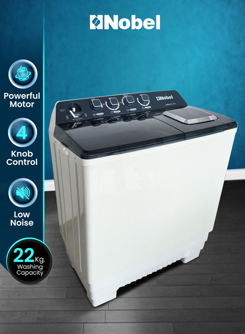NOBEL Heavy-Duty 22kg Twin Tub Washing Machine with 10kg Spin Capacity, 1200W Power, IPX4 Rating, and Rust-Free Body - NWM2450 22 L 800 W NWM2450 White - Image 1
