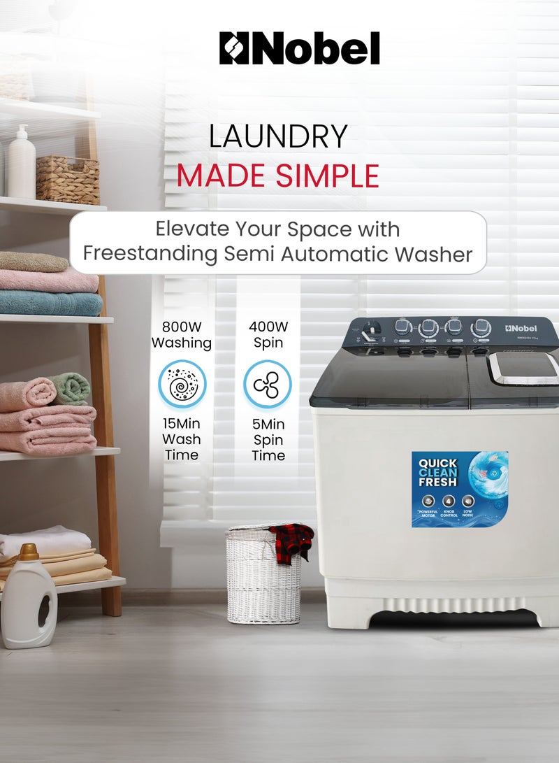 NOBEL Heavy-Duty 22kg Twin Tub Washing Machine with 10kg Spin Capacity, 1200W Power, IPX4 Rating, and Rust-Free Body - NWM2450 22 L 800 W NWM2450 White - Image 5