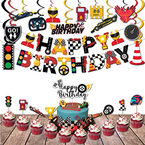 Festiko®Race Car Birthday Decorations for Kids Boys Let's go Racing Party Supplies with Banner,Swirls, Cake Topper,Cup Cake Toppers (24 Pcs) - Image 1