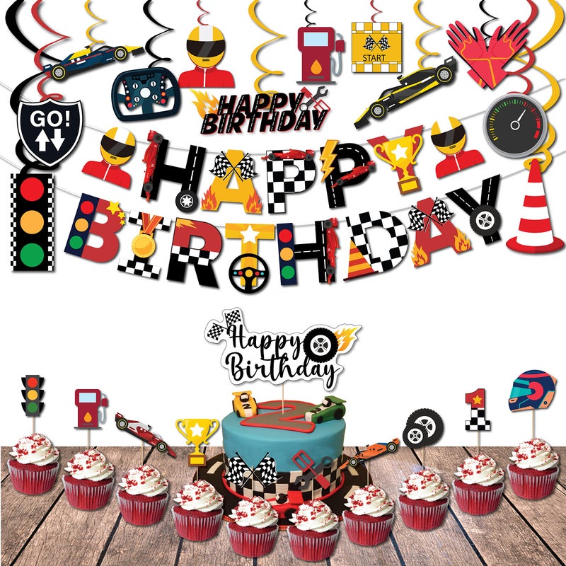 Festiko®Race Car Birthday Decorations for Kids Boys Let's go Racing Party Supplies with Banner,Swirls, Cake Topper,Cup Cake Toppers (24 Pcs) - Image 4