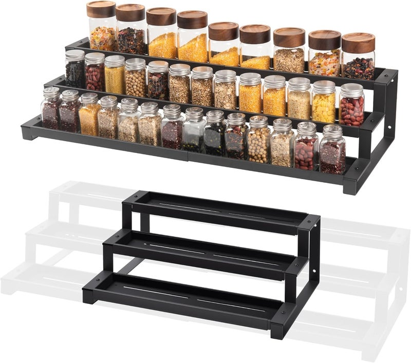 GOENDR Expandable Spice Rack Organizer for Cabinet, 3 Tier Metal Spice Organization,16"-29.5" Wide Adjustable Seasoning Organizer, Display Shelf, Canned Goods Organizer for Pantry Kitchen Countertop - Image 1