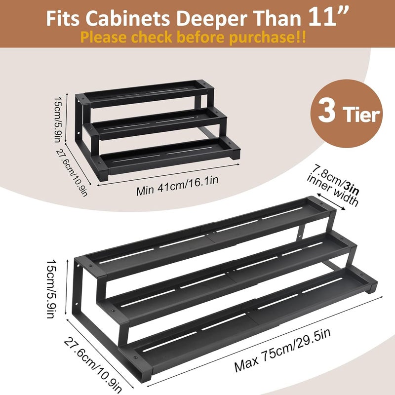 GOENDR Expandable Spice Rack Organizer for Cabinet, 3 Tier Metal Spice Organization,16"-29.5" Wide Adjustable Seasoning Organizer, Display Shelf, Canned Goods Organizer for Pantry Kitchen Countertop - Image 2