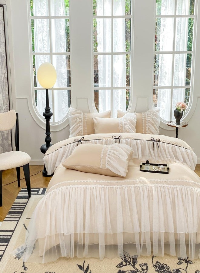 SOUKECHY Lace Ruffled Queen Duvet Cover Set, Chic Bedding with Bow,Kids Princess Bedding,100% Polyester,Lightweight Duvet Cover Set with Zipper Closure,Coquette Room Decor-Champagne,Queen Size - Image 5