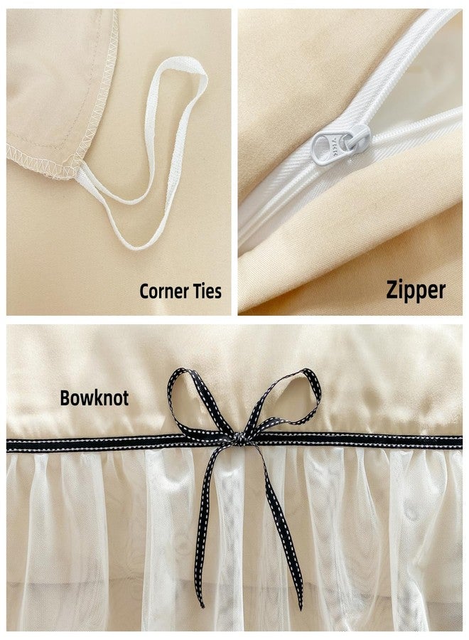 SOUKECHY Lace Ruffled Queen Duvet Cover Set, Chic Bedding with Bow,Kids Princess Bedding,100% Polyester,Lightweight Duvet Cover Set with Zipper Closure,Coquette Room Decor-Champagne,Queen Size - Image 4
