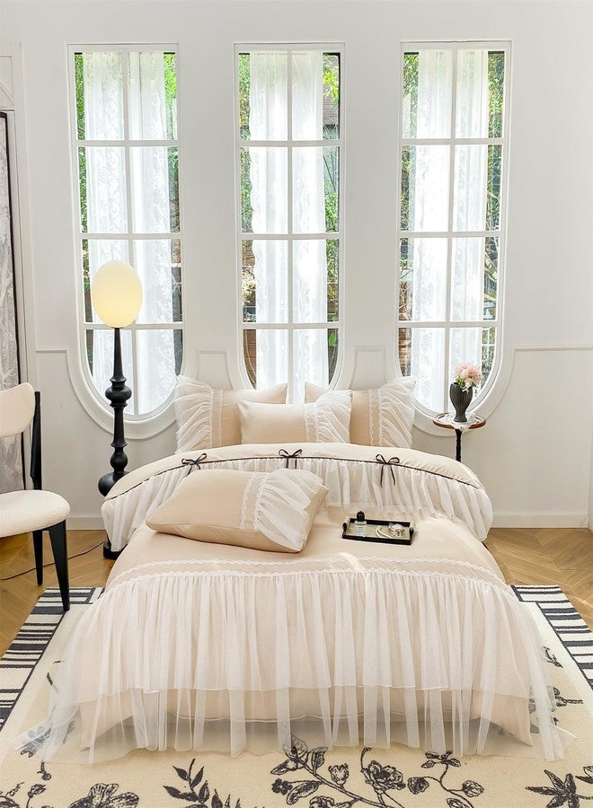 SOUKECHY Lace Ruffled Queen Duvet Cover Set, Chic Bedding with Bow,Kids Princess Bedding,100% Polyester,Lightweight Duvet Cover Set with Zipper Closure,Coquette Room Decor-Champagne,Queen Size - Image 2