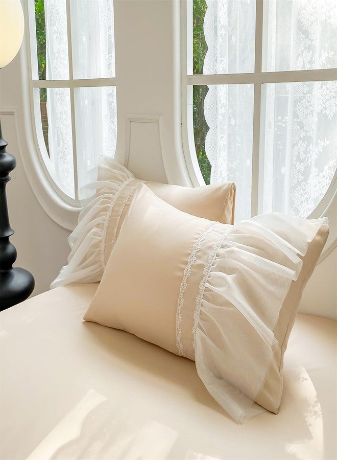 SOUKECHY Lace Ruffled Queen Duvet Cover Set, Chic Bedding with Bow,Kids Princess Bedding,100% Polyester,Lightweight Duvet Cover Set with Zipper Closure,Coquette Room Decor-Champagne,Queen Size - Image 3