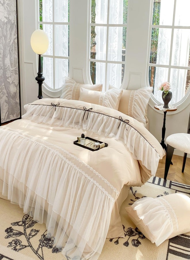 SOUKECHY Lace Ruffled Queen Duvet Cover Set, Chic Bedding with Bow,Kids Princess Bedding,100% Polyester,Lightweight Duvet Cover Set with Zipper Closure,Coquette Room Decor-Champagne,Queen Size - Image 1