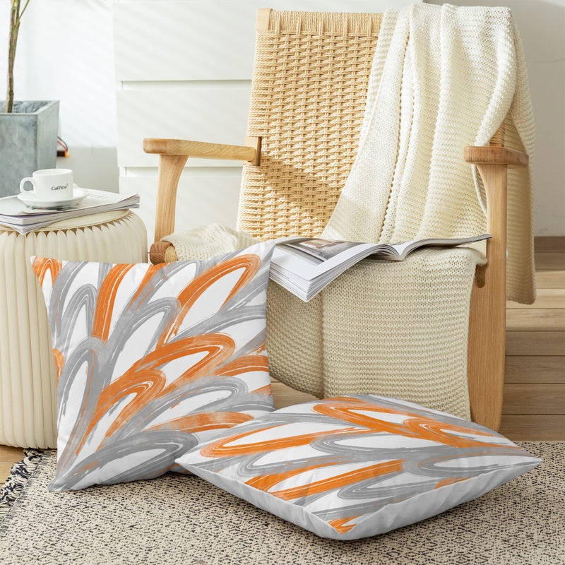 CaliTime Throw Pillow Cases Pack of 2 Cozy Fleece Two-tone Abstract Feather Decorative Cushion Covers for Couch Bed Sofa Farmhouse Decoration 16 X 16 Inches Orange Grey - Image 3