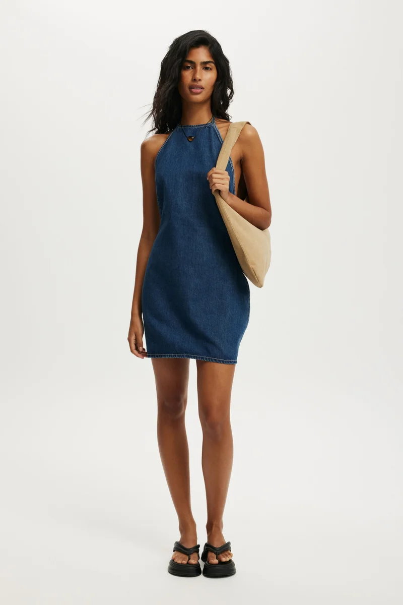Cotton On HALTER DENIM MINI DRESS
