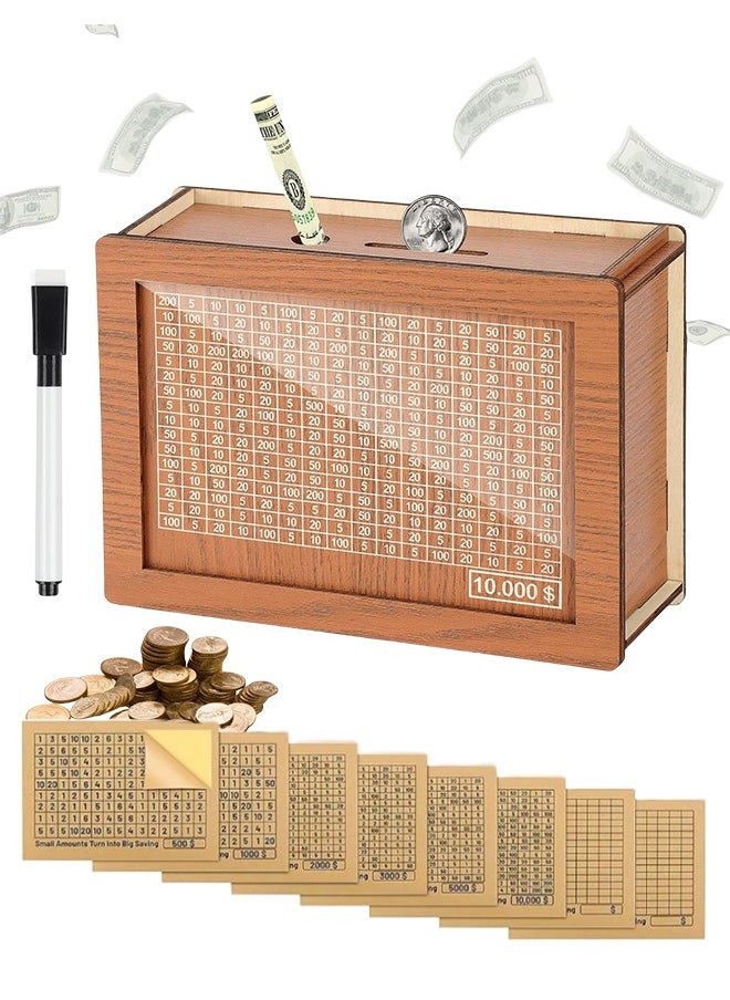 Farahom Money Saving Box for Kids Adults, 10000 Savings Challenge Box Wooden Digital Cash Vault Piggy Bank Boys Girls Cash box with Money Target and Numbers(8 Amount Cards)  - Image 1
