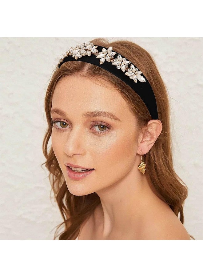 Campsis Rhinestone Hairbands Flower Wide Headbands Black Elastic Jeweled Headwear Prom Daily For Women - Image 3