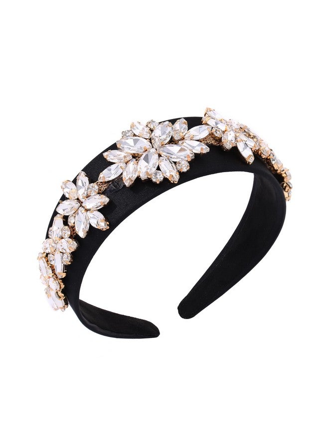 Campsis Rhinestone Hairbands Flower Wide Headbands Black Elastic Jeweled Headwear Prom Daily For Women - Image 1